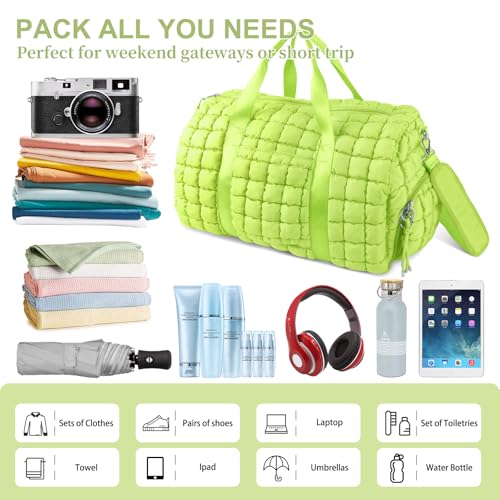 Image of Quilted Travel Duffle Bag Gym Bag for Women,Large Puffer Duffle Weekender Bag with Compartment,Workout Overnight Carry on Organizer Bag Duffle Bag for Airplane Travel(L-Green)