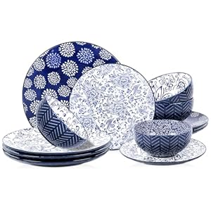 Selamica Embossed Dinnerware Sets 12 Piece, Ceramic Dishes set for 4, Kitchen Plates and Bowls Sets, Microwave & Dishwasher Safe, Housewarming Gift, Blue