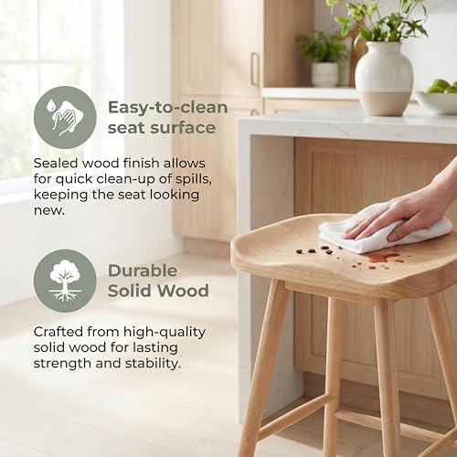 Image of HNY Backless Counter Height Bar Stools Set of 4, 24'' Rustic Farmhouse Wooden Saddle Stools Ergonomic-Seat Bar Chairs, Bar Height Barstools for Kitchen Counter Island, Natural