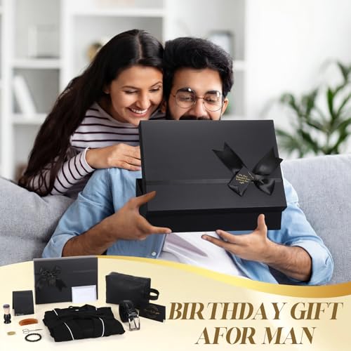 Image of Shyyween 10 Pcs Birthday Gifts Baskets for Men Father Gift Get Well Soon Gifts Beard Care Set Graduation Gift for Him with Bathrobe, Wallet, Beard Comb & Brush Set for Dad Boyfriend Husband(Black)