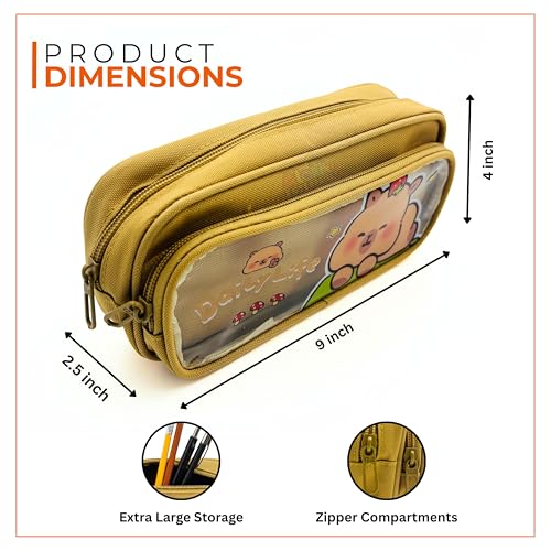 Image of Alokik Enterprise Cute Cartoon Pencil Pouch with Double Zipper & Transparent Window, Large Capacity Fabric Pen Case for School, Office, Students, Kids & Teens (Daily Life Khakhi Pouch)