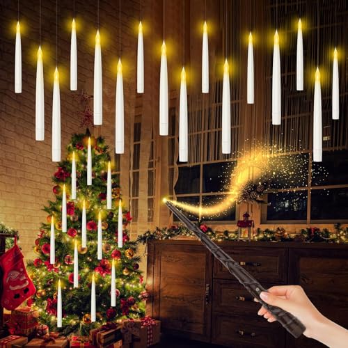 BORTENG Floating Candles with Wand for Christmas Decorations, 12Pcs Hanging Flameless LED Taper Candles Warm White Light, Dark Academia Decor Window Candles for Indoor & Outdoor Christmas/Party Decor