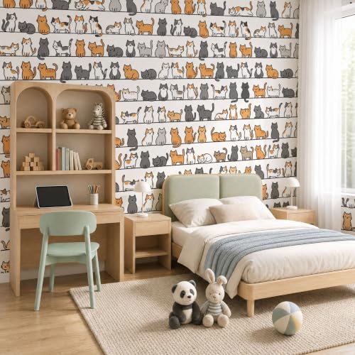 Papier peint intissé non adhésif chat rayé gris grand format déco murale chambre