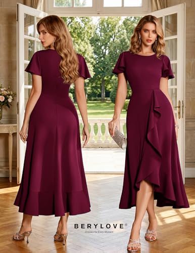 Image of BeryLove Women Formal Party Dress Flutter Short Sleeve Wedding Cocktail Long Evening Dress
