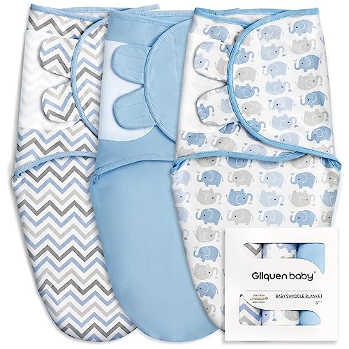 Image of 3-Pack Organic Baby Swaddle Sleep Sacks for Newborn - Baby Swaddles 0-3 Months, Baby Swaddle Sack, Blue & Elephant & Stripe, Baby Swaddle Blanket Wrap (Small/Medium)