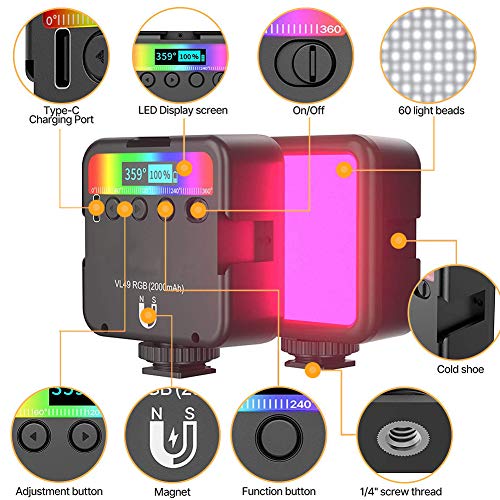 Led Videoleuchte RGB, Mini RGB Video Kamera Licht Volle Farbe Fotolicht mit Dimmbar 2500K-9000K Magnetisches Vlog Wiederaufladbar Portabel Fotolampe Dauerlicht für Vlog, Tiktok, Fotografia - Image 6