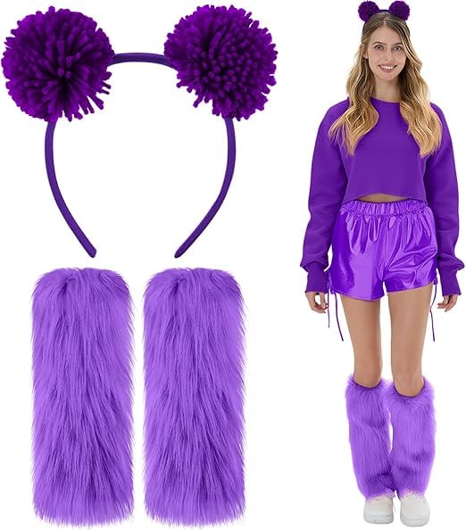 PEZPEOR 2 PCS Purple Bear Costume Accessory Set with Pompom Headband Fluffy Leg Warmers Bobble Hair Bow and Furry Boot Adult Women