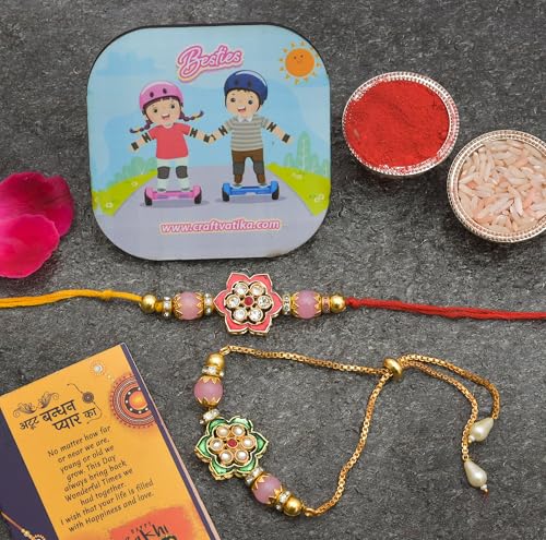 Image of CraftVatika Rakhi Set for Brother Bhabhi, Couple Pair Designer Rakhi for Borther Bhaiya Bhabhi, Men Women Sister, with Rakshabandhan Greeting Card, Fridge Magnet Gift, Tilak Set, Home Decor Gift