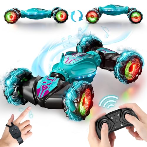 EXCOUP Gesture Sensing Rc Stunt Car, Hand Controlled RC Car Toys, 2.4GHz 4WD Gesture Sensing with Light & Music, 360° Rotation Remote Control Twist Toy for Boys Girls 8+yr, Birthday Gifts for Kids