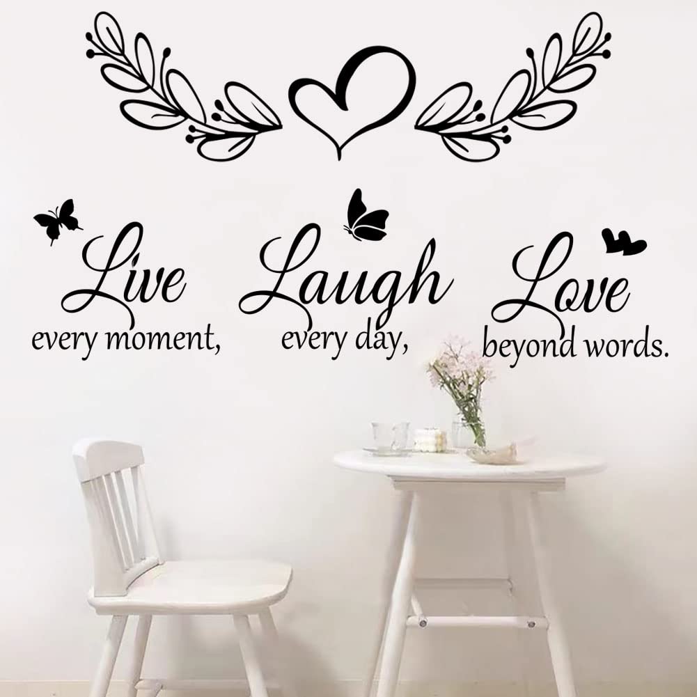 Calcomanía de pared de vinilo con citas inspiradoras para la familia, cita "Live Every Moment Laugh Every Day Love Beyond Words", calcomanías de pared motivacionales para dormitorio, sala de estar