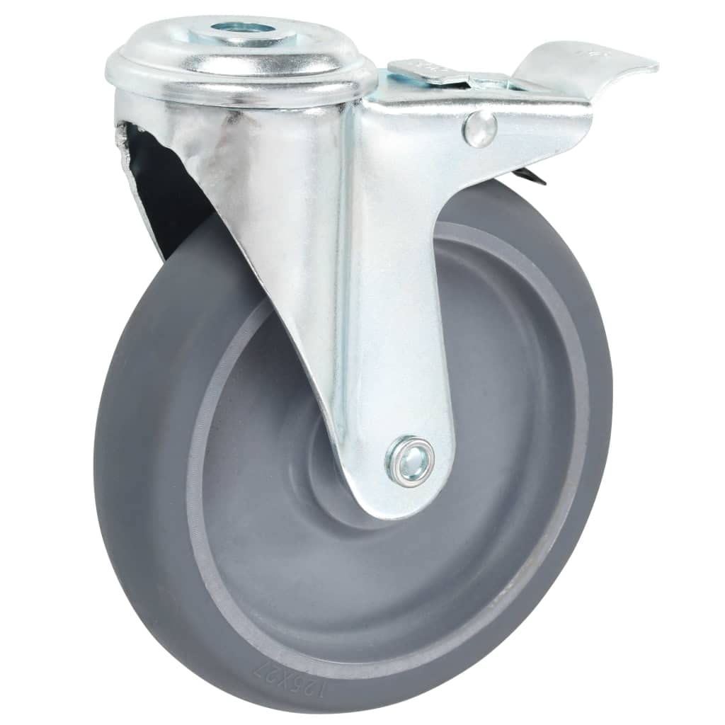Ruote girevoli con foro per bulloni, 4 pezzi, 125 mm TPR grigio, ferro zincato, 80 kg per ruote, 2 con doppi freni, per banco da lavoro, carrello, carrello e logistica di magazzino