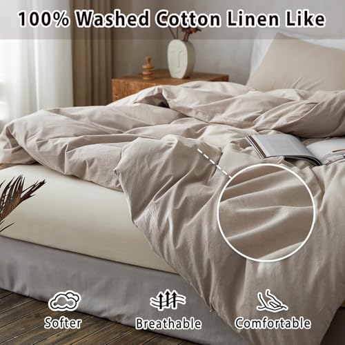 Image of TOCOMOA Duvet Cover Set 100% Washed Cotton Linen Feel Soft Comfy Breathable 3 Piece Comforter Covers Bedding Set (Queen, Heathered Linen Grey)