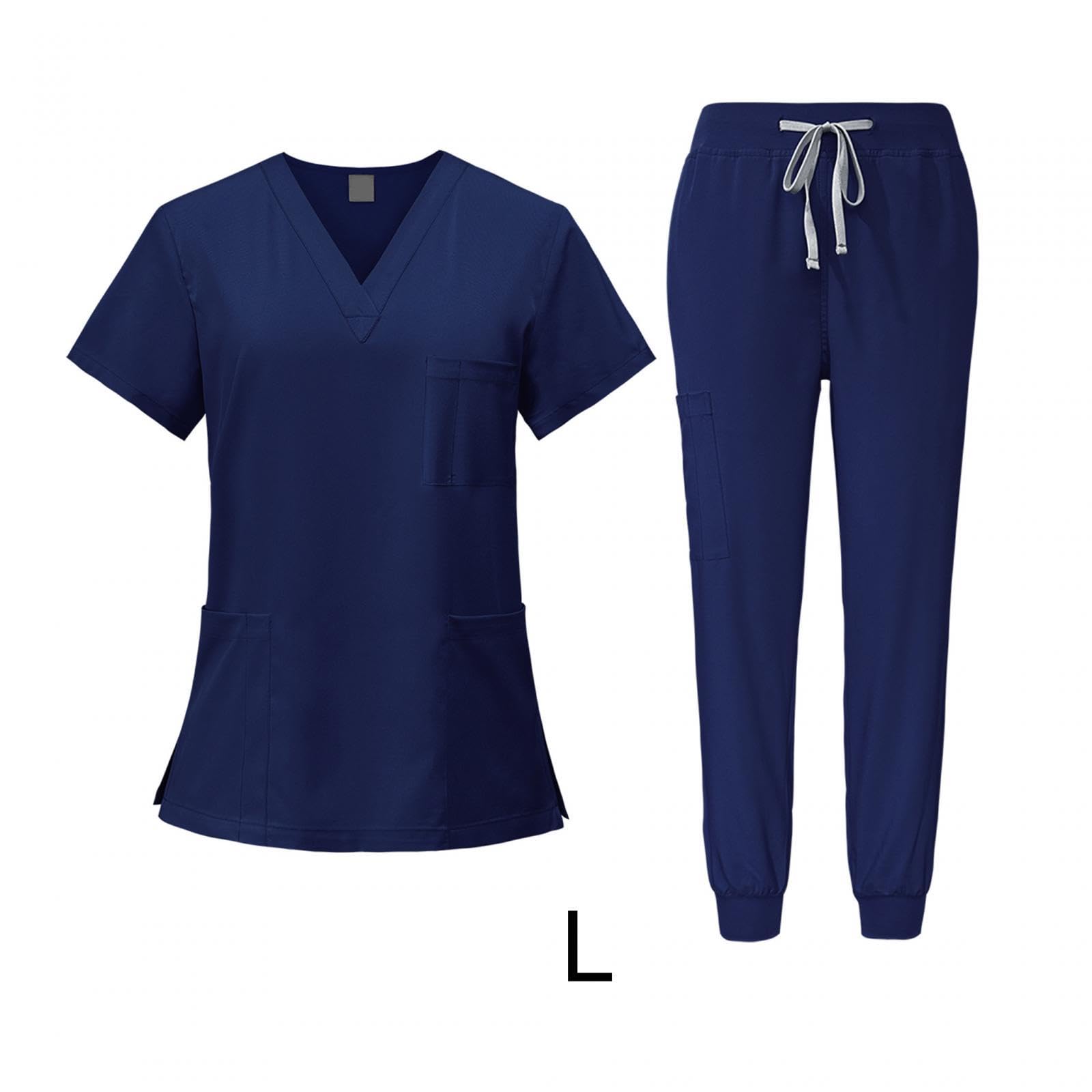 LOVIVER Female Scrub Set Nurse Workwear V Neckline Professional Machine Washable Top and Joggers Pant Work Clothing for Beauty Center, Navy Blue, M