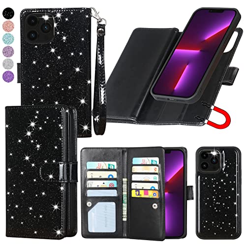 Varikke for iPhone 13 Pro Wallet Case, Detachable Magnetic Wallet Flip Cases with Card Holder & Kickstand & Wristlet, Glitter PU Leather Phone Cover Fits iPhone 13 Pro 6.1“ for Women Men, Black