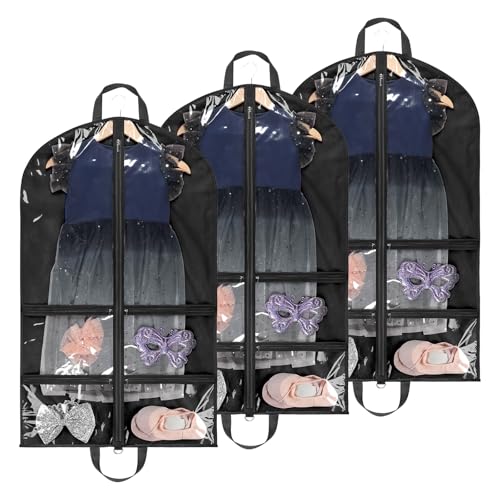 LOVEGRASS Kids Garment Bag for Dance Costumes, 40" Dance Garment Bags for Dancers with 4 Clear Zipper Pockets, Foldable Dance Competition Garment Bags for Hanging Clothes, 3 Pack, Black