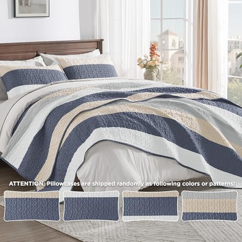 Image of Andency King Size Quilt Set Yellow Blue, 3 Pieces Summer Ultra Soft Lightweight Bedspreads & Coverlets Set, Patchwork Striped Quilted Bedding Sets for All Seasons (1 Quilt, 2 Pillow Shams)