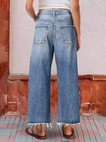Flamingals Wide Leg Cropped Jeans for Women Trendy Mid Rise Ripped Raw Hem Wash Baggy Casual Ankle Denim Pants4