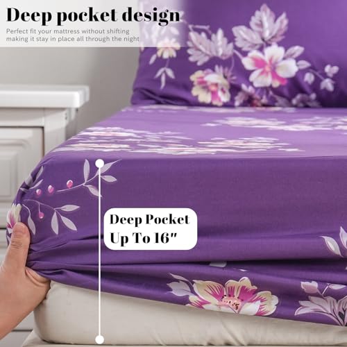 Bedlifes King Sheet Set Ultra Soft, Breathable, Silky Flower Deep Pocket 100% Microfiber Bedding, 4 Piece King Size Dark Purple Floral