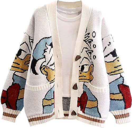 Lazutom Womens Fall Cute Embroidery Cartoon Duck Cable Knit Cardigans Sweater Button Down Slouchy Wool Blend Coat