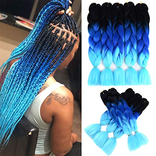 MeiQin Ombre Braiding Hair 24 Inch 5 Pack Braiding Synthetic Hair Crochet Twist Box Braids Hair Extensions for Braiding (24 Inches, black-dark blue-light blue)