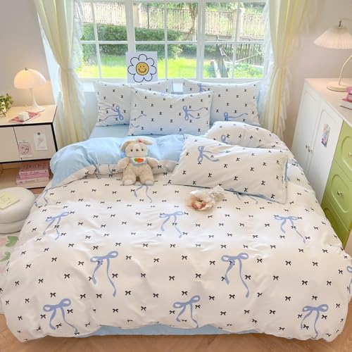 Image of Nayoroom Blue Bow Duvet Cover Queen Size Reversible Blue Duvet Cover 3 Pieces Soft Lightweight Microfiber Kids Girls Cute Aesthetic Dorm Bedding Set