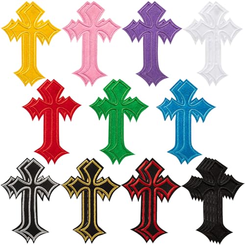 24 Pcs Cross Patches, Iron On Embroidered Chrome Heart Patchs Decorative Repair Cross Applique Iron On Patch for Jeans Hats Shirts Jackets Backpacks (11 Color)