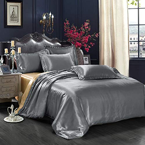 Ysyw Parure de lit double en soie de mûrier - 4 pièces confortables, perméables à l’air - universelle pour toutes les saisons, facile à nettoyer, L-220 x 240 cm