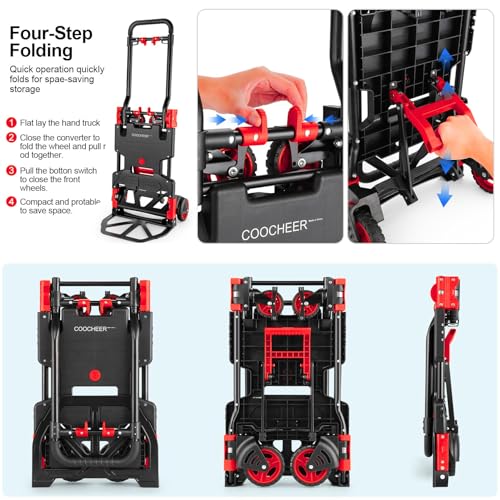 Image of 2 in 1 Folding Hand Truck, 330lbs Aluminum Portable Dolly Cart, Red | Converts to 2 & 4 Wheel Platform Truck with 5 inch Solid Rubber Wheels, 3-Gear Handle for Moving /Travel /Office