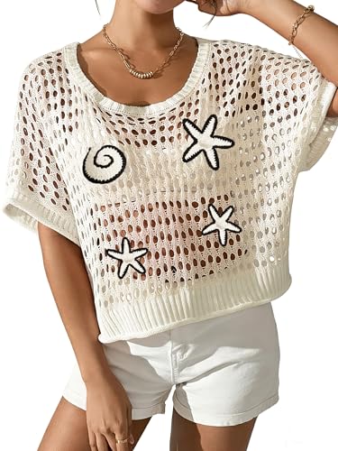 Image of OCSTRADE Summer Crochet Tops for Women Boho Crop Hollow Out Sweaters Beach Vacation Knit Cover Ups