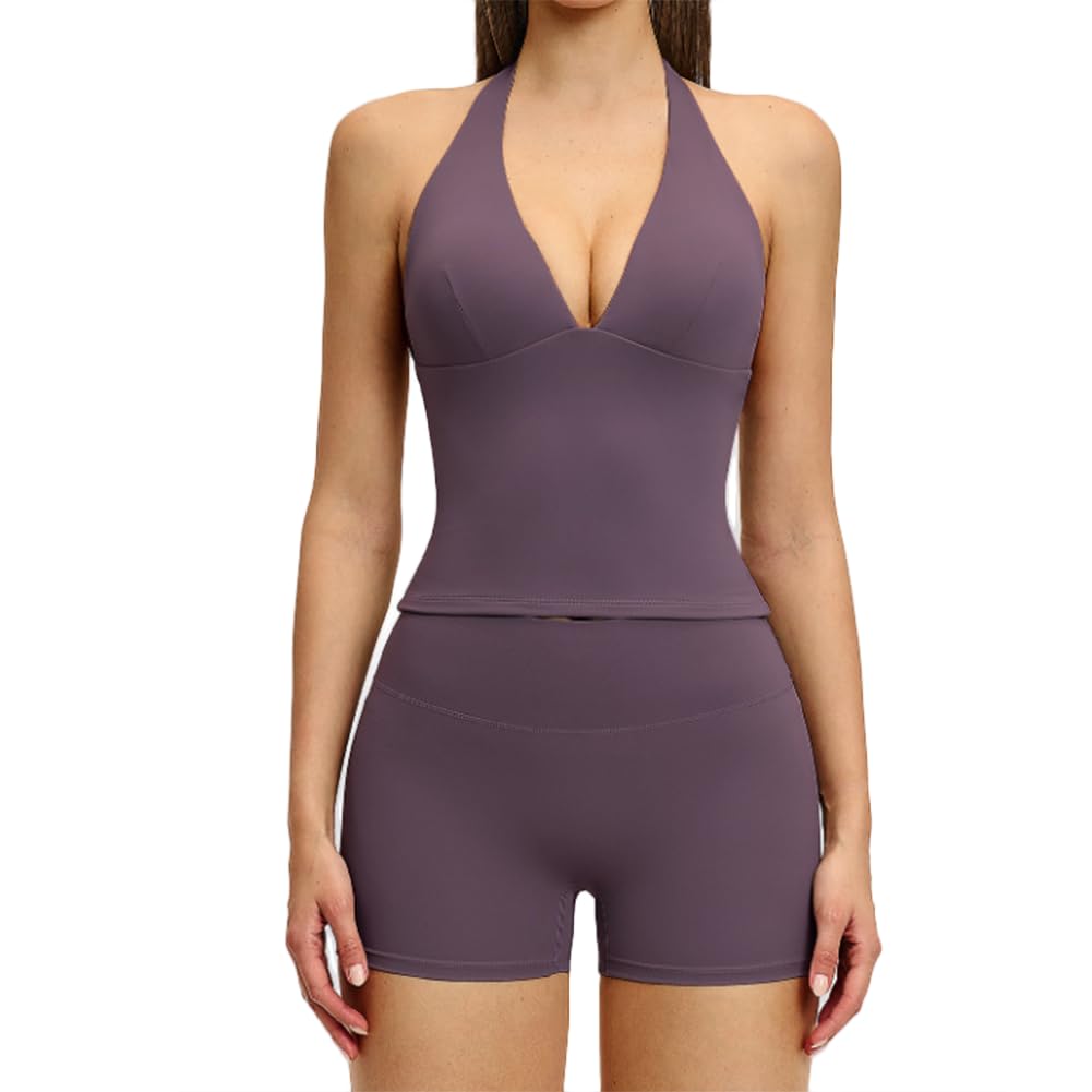 XYFfybhsd Breathable Women's V-neck Yoga Tank Top with Chest Pads High Elasticity Hollow Design Fitness Sports Gym Wear(Size:XL,Color:Purple)