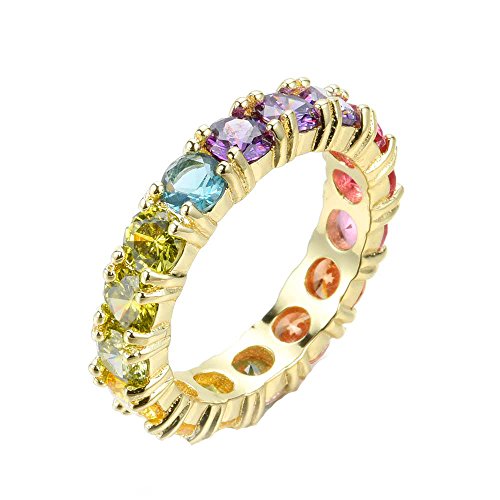 NYC Sterling Women's 4MM Sterling Silver Rainbow Round Cubic Zirconia Eternity Ring (Gold-Plated-Silver, 7)