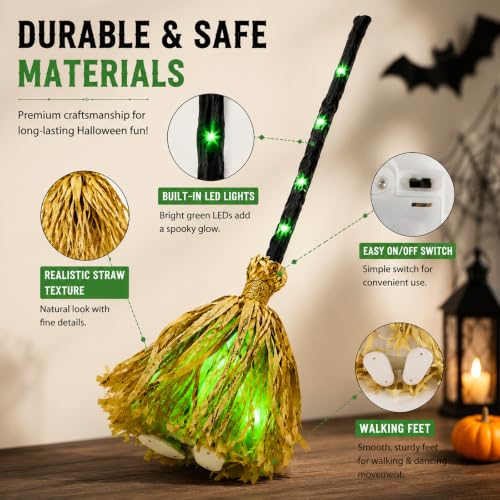 35" Animated Witch Broom Halloween Decor Sound Touch Activated LED Light Up - image 5
