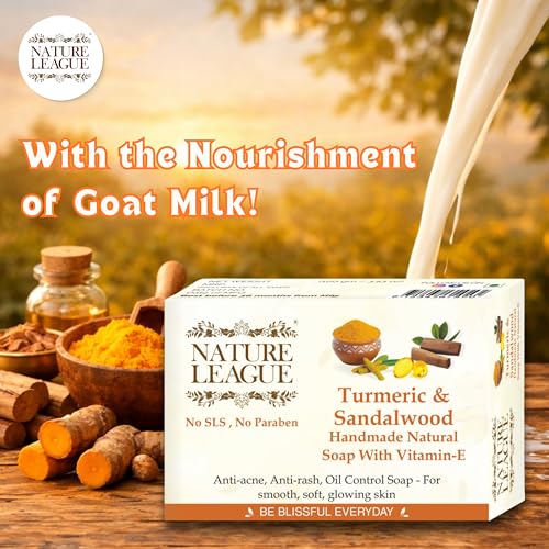 Image of TURMERIC & SANDALWOOD Handmade Soap, SLS & Paraben Free, Natural Skincare Cleanser Bar for Face & Body, Moisturizing, Gentle & Refreshing, Ideal for Everyday Use, Pack of 1 (100 gms)