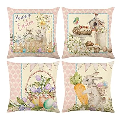 Generisch 4 StüCk Kissenbezug Ostern,KissenhüLle Osterdeko Hase Leinen Dekokissen Cases Home Kissenbezug FrüHling 40x40 Kissenbezug FrüHling KissenbezüGe KissenhüLle 45x45cm