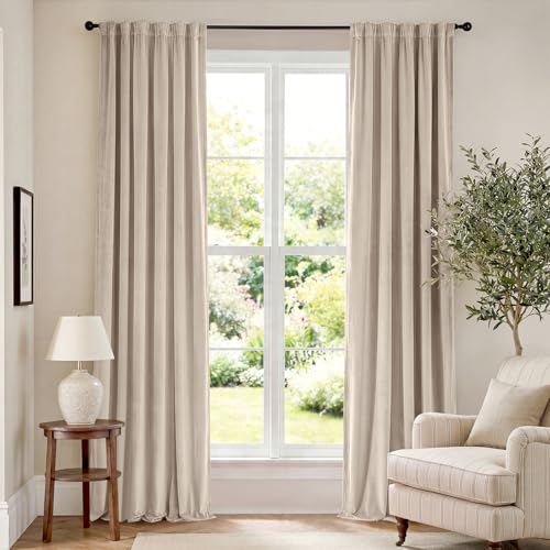 Image of Beige Velvet Curtains Neutral Rod Pocket 52x102 Inch 2 Panels | Soft Velvet, Room Darkening, For Bedroom & Living Space, Light Shifting Texture, Elegant Drape, Cozy