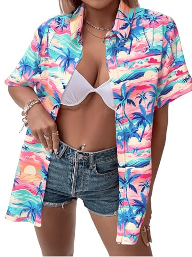 Image of ASTANFY Hawaiian Shirt Women Hawaii T-Shirt Tropical Floral Printed V Neck Shirts Soft Cool Summer Beach Button Up Blouse
