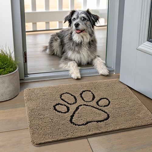 Image of Smiry Dog Door Mat for Muddy Paws, Absorbent Dirt Trapper Non Slip Quick Dry Washable Chenille Mat for Mud Dogs, Entry Rug for Indoor and Outdoor (24x16 Inches, Camel and Black)