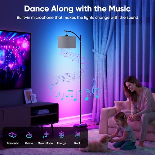 Image of Smart LED RGBCW Corner Lamp with Linen Lampshade Compatible with Alexa, Color Changing Standing Lamp with 16 Million DIY Colors, Music Sync, Tall lamp for Living Bedroom Room,APP /Voice /Remote Control