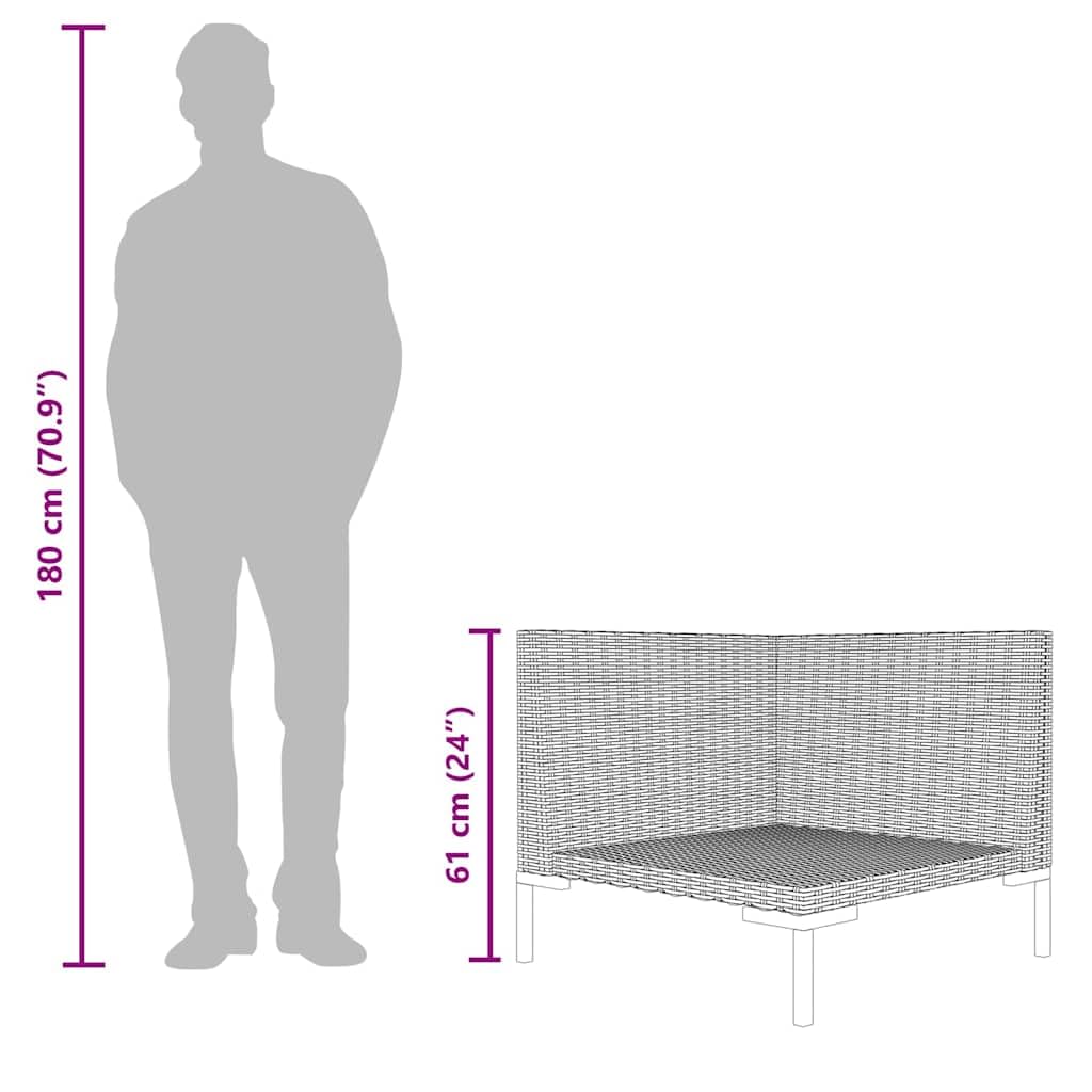Sofa ogrodowa polirattanowa w połowie okrągła, 70 x 70 x 61 cm, ciemnoszara | Stalowa rama malowana proszkowo, zdejmowane czarne poduszki, wodoodporne, łatwe do czyszczenia