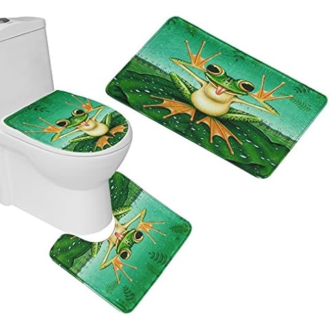 Amagical 3 Piece Toilet Seat Cover and Rug Set Bathroom Non-Slip Very Cut Frog Pedestal Rug + Lid Toilet Cover + Bath Mat Green Cover