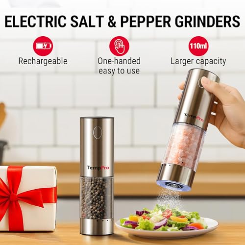 Image of TempPro 100ml Electric Salt and Pepper Grinder Set Rechargeable, Automatic Pepper Grinder Shakers with External Adjust, Refillable Pepper Mill, Gift for Him Dad Father(Previously ThermoPro)