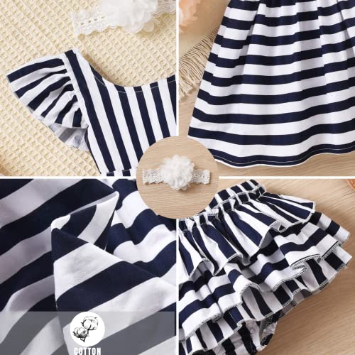 Baby Infant Girls Princess Party Dress Lace Tie Back Dress White Blue Striped Dress Baby Girls Spring Summer Outfits Ruffle Strap Holiday Casual Dress With Diaper Cover 0-6 Months Playwear Dresses #TOP3