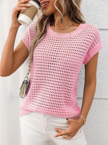 Image of Womens Crochet Cap Sleeve Sweater Summer Crew Neck Casual Hollow Out Knit Tops Pullover Trendy Beach Cover Ups Outfits
