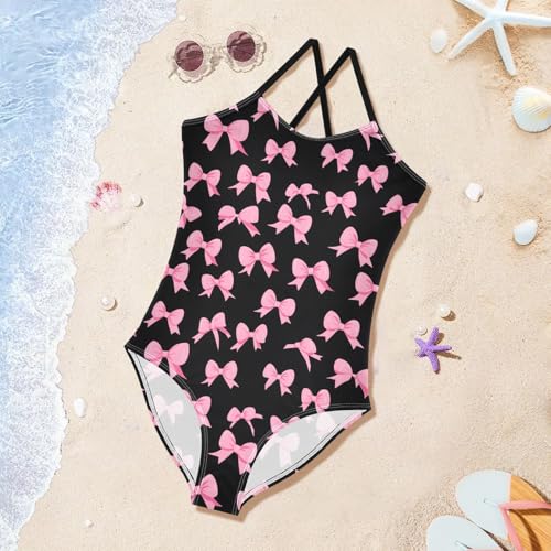 Pink Bow Black Background Girls Swimsuits Quick Dry Crossback One Piece Beach Swimwear Bathing Suit3