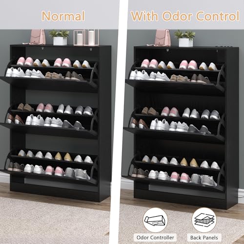 Shoe Cabinet with Odor Control and Back Panels, Deodorizing Slim 3-Flip Shoe Storage Cabinet for Entryway, Freestanding Hidden Shoe Rack Organizer for Entrance, Hallway, Bedroom