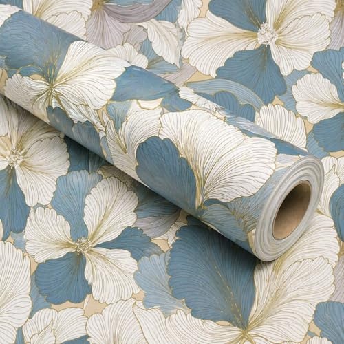 Image of VKR Blue and White Floral Peel and Stick Wallpaper, Self Adhesive Waterproof PVC Wall Sticker for Home, Living Room, Bedroom and Office (45 x 300 cm)