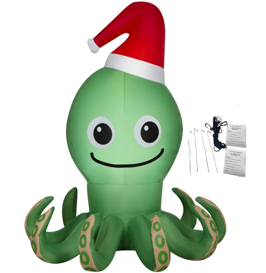 Christmas Inflatable Octopus with Santa Hat 3.4 Foot LED Holiday Outdoor Yard Lighted Blow-Up Decoration 2024 - Includes Bonus Repair Patch