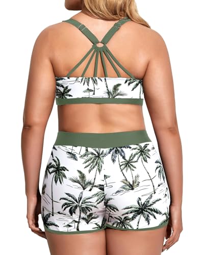 Image of Holipick Women Plus Size Swimsuits - Athletic 3 Piece Tankini with Shorts | Sports bikini top, high waist shorts, tank top, removable pads. Athletic style for water activties