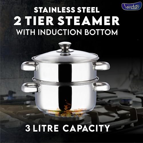 Image of VARCHAS Stainless Steel 2 Tier Momo Steamer 20cm Diameter with Glass Lid and Riveted Handles | Multi Purpose | Induction Bottom and Gas Base | Silver
