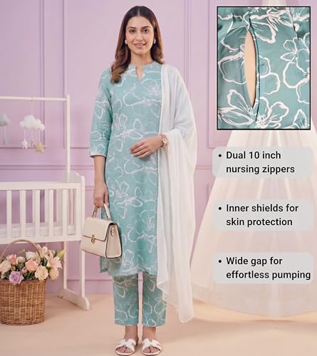 Image of DUMMY SHAPE Feeding Kurtis for Women Cotton Blend | Floral Kurta Pant Dupatta Set with Nursing Zippers to Pre & Post Partum | Maternity Dresses | Mom to Be Gifts for Pregnant Woman